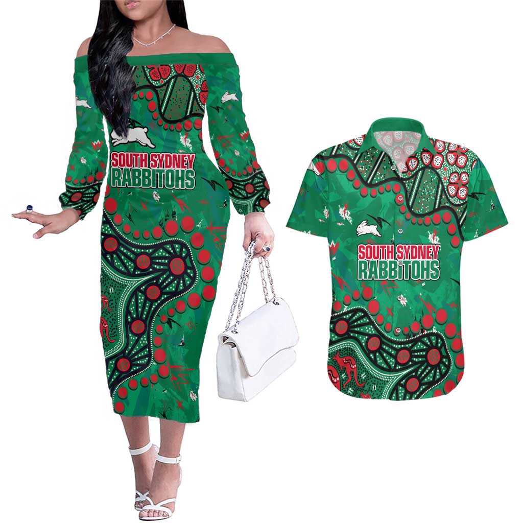 Personalized South Sydney Rabbitohs Couples Matching Off The Shoulder Long Sleeve Dress and Hawaiian Shirt Aboriginal Pattern with Graffiti Style Design