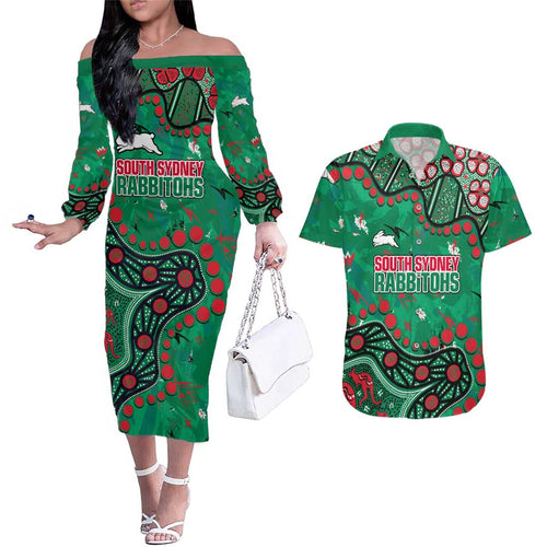 Personalized South Sydney Rabbitohs Couples Matching Off The Shoulder Long Sleeve Dress and Hawaiian Shirt Aboriginal Pattern with Graffiti Style Design