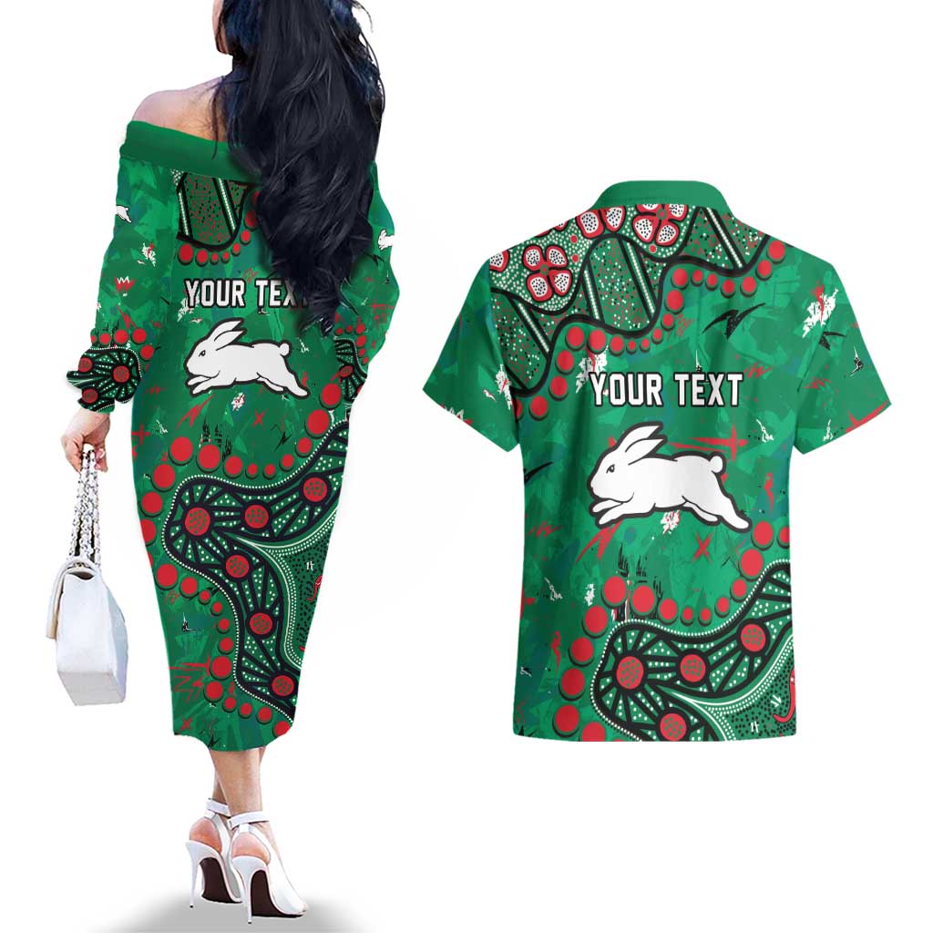 Personalized South Sydney Rabbitohs Couples Matching Off The Shoulder Long Sleeve Dress and Hawaiian Shirt Aboriginal Pattern with Graffiti Style Design