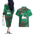 Personalized South Sydney Rabbitohs Couples Matching Off The Shoulder Long Sleeve Dress and Hawaiian Shirt Aboriginal Pattern with Graffiti Style Design