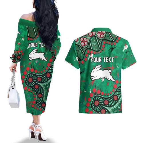 Personalized South Sydney Rabbitohs Couples Matching Off The Shoulder Long Sleeve Dress and Hawaiian Shirt Aboriginal Pattern with Graffiti Style Design