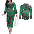 Personalized South Sydney Rabbitohs Couples Matching Off The Shoulder Long Sleeve Dress and Long Sleeve Button Shirt Aboriginal Pattern with Graffiti Style Design