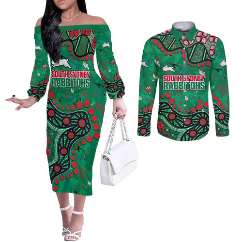 Personalized South Sydney Rabbitohs Couples Matching Off The Shoulder Long Sleeve Dress and Long Sleeve Button Shirt Aboriginal Pattern with Graffiti Style Design