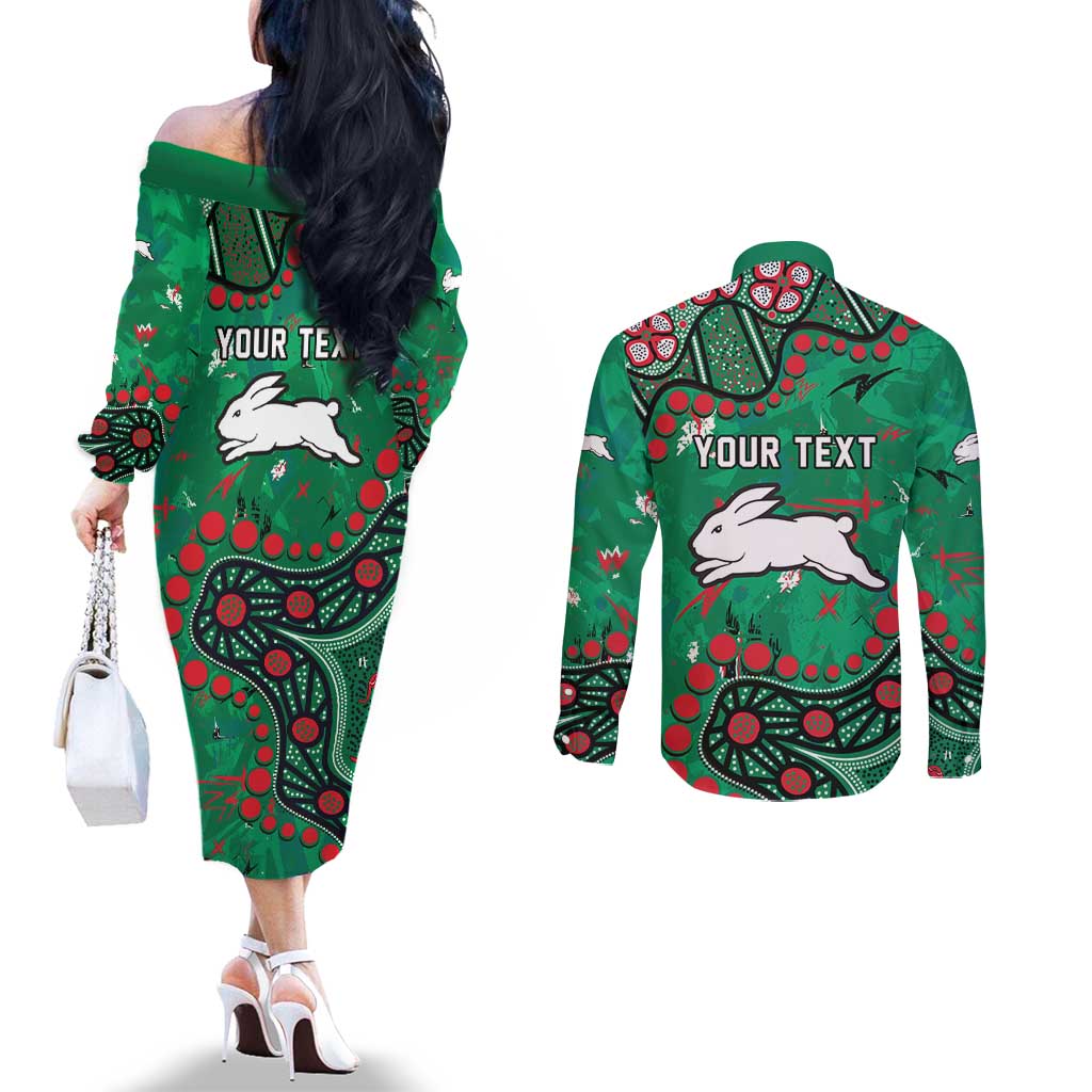Personalized South Sydney Rabbitohs Couples Matching Off The Shoulder Long Sleeve Dress and Long Sleeve Button Shirt Aboriginal Pattern with Graffiti Style Design