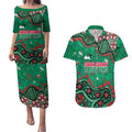 Personalized South Sydney Rabbitohs Couples Matching Puletasi and Hawaiian Shirt Aboriginal Pattern with Graffiti Style Design
