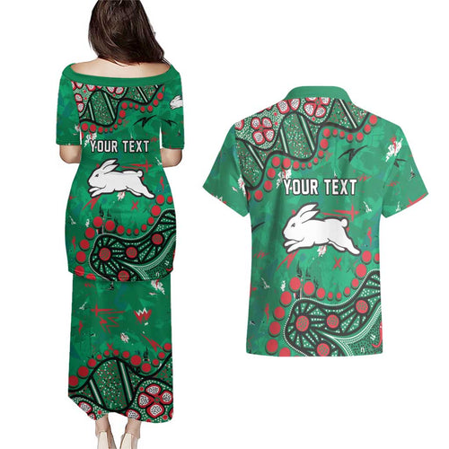 Personalized South Sydney Rabbitohs Couples Matching Puletasi and Hawaiian Shirt Aboriginal Pattern with Graffiti Style Design
