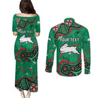 Personalized South Sydney Rabbitohs Couples Matching Puletasi and Long Sleeve Button Shirt Aboriginal Pattern with Graffiti Style Design