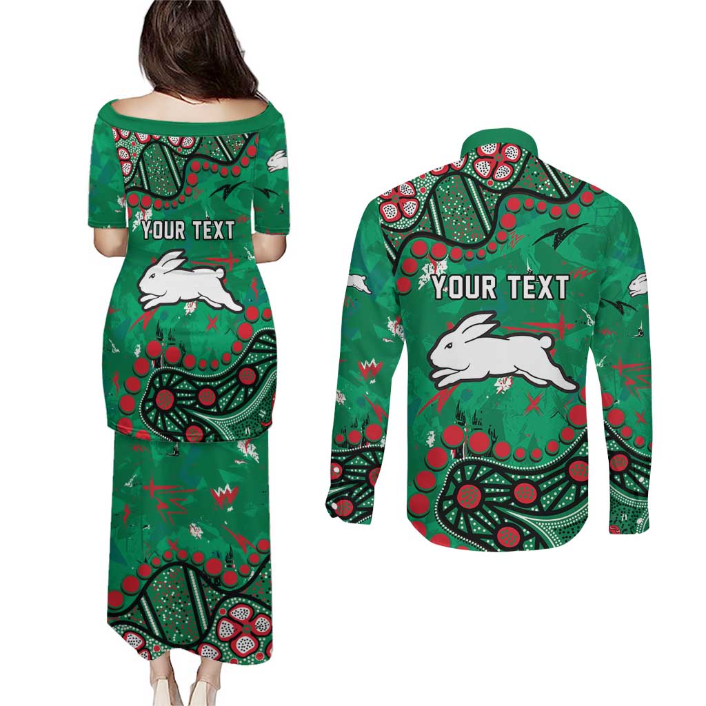 Personalized South Sydney Rabbitohs Couples Matching Puletasi and Long Sleeve Button Shirt Aboriginal Pattern with Graffiti Style Design