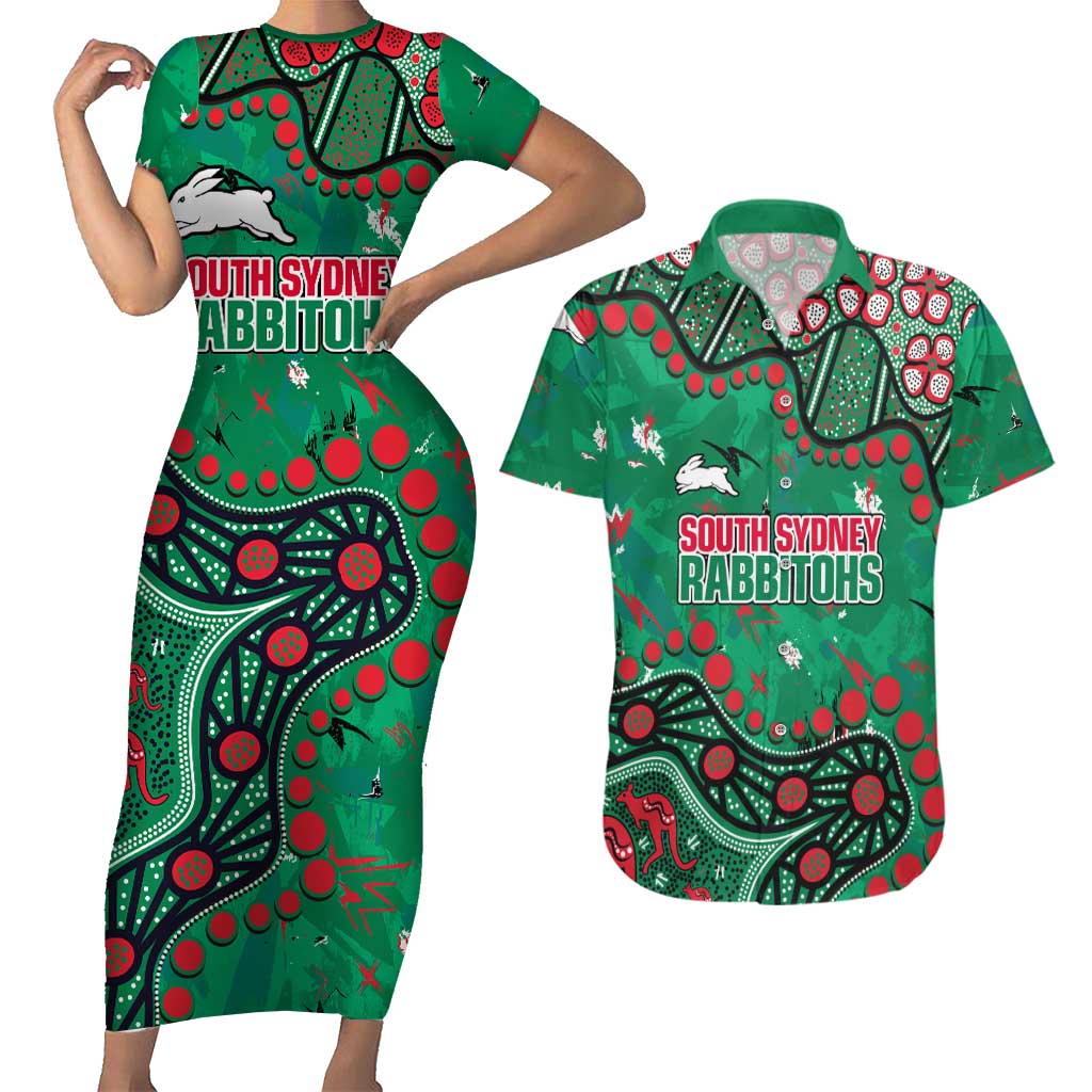 Personalized South Sydney Rabbitohs Couples Matching Short Sleeve Bodycon Dress and Hawaiian Shirt Aboriginal Pattern with Graffiti Style Design