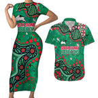 Personalized South Sydney Rabbitohs Couples Matching Short Sleeve Bodycon Dress and Hawaiian Shirt Aboriginal Pattern with Graffiti Style Design