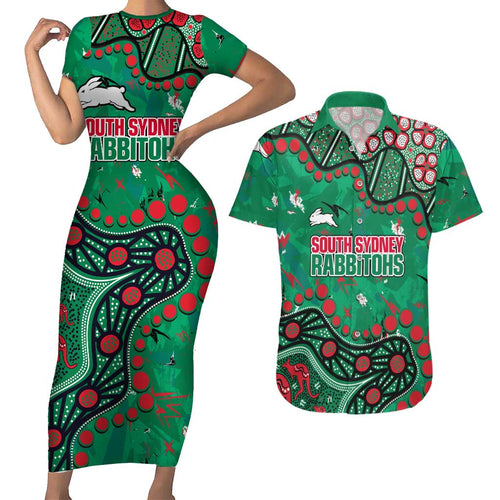 Personalized South Sydney Rabbitohs Couples Matching Short Sleeve Bodycon Dress and Hawaiian Shirt Aboriginal Pattern with Graffiti Style Design