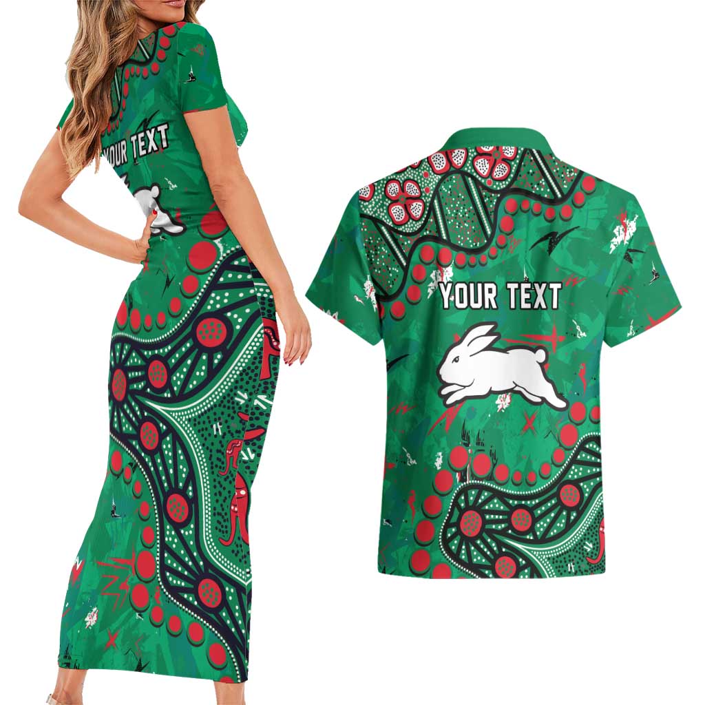 Personalized South Sydney Rabbitohs Couples Matching Short Sleeve Bodycon Dress and Hawaiian Shirt Aboriginal Pattern with Graffiti Style Design