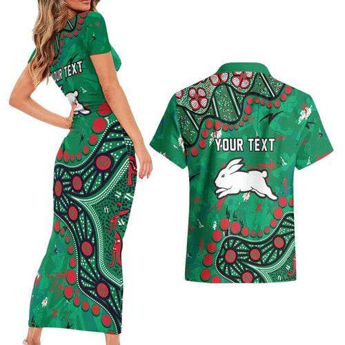 Personalized South Sydney Rabbitohs Couples Matching Short Sleeve Bodycon Dress and Hawaiian Shirt Aboriginal Pattern with Graffiti Style Design