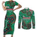 Personalized South Sydney Rabbitohs Couples Matching Short Sleeve Bodycon Dress and Long Sleeve Button Shirt Aboriginal Pattern with Graffiti Style Design