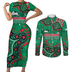 Personalized South Sydney Rabbitohs Couples Matching Short Sleeve Bodycon Dress and Long Sleeve Button Shirt Aboriginal Pattern with Graffiti Style Design