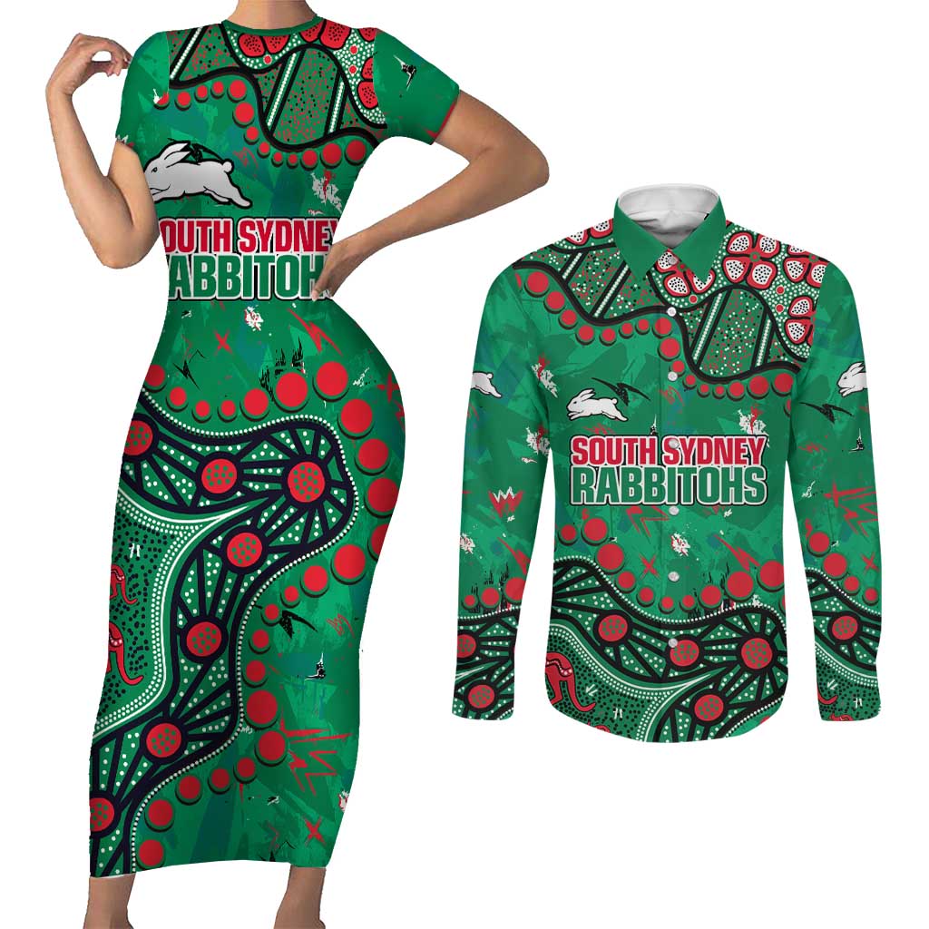 Personalized South Sydney Rabbitohs Couples Matching Short Sleeve Bodycon Dress and Long Sleeve Button Shirt Aboriginal Pattern with Graffiti Style Design