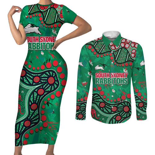 Personalized South Sydney Rabbitohs Couples Matching Short Sleeve Bodycon Dress and Long Sleeve Button Shirt Aboriginal Pattern with Graffiti Style Design