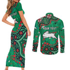 Personalized South Sydney Rabbitohs Couples Matching Short Sleeve Bodycon Dress and Long Sleeve Button Shirt Aboriginal Pattern with Graffiti Style Design