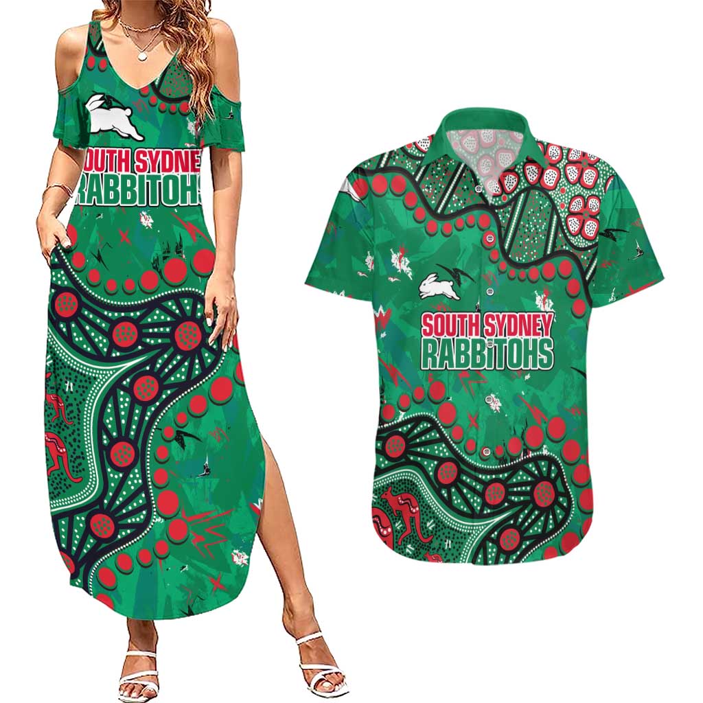 Personalized South Sydney Rabbitohs Couples Matching Summer Maxi Dress and Hawaiian Shirt Aboriginal Pattern with Graffiti Style Design