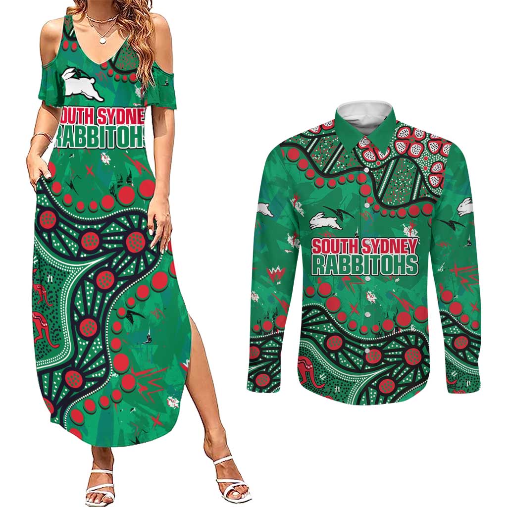 Personalized South Sydney Rabbitohs Couples Matching Summer Maxi Dress and Long Sleeve Button Shirt Aboriginal Pattern with Graffiti Style Design