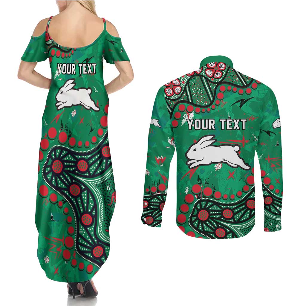 Personalized South Sydney Rabbitohs Couples Matching Summer Maxi Dress and Long Sleeve Button Shirt Aboriginal Pattern with Graffiti Style Design