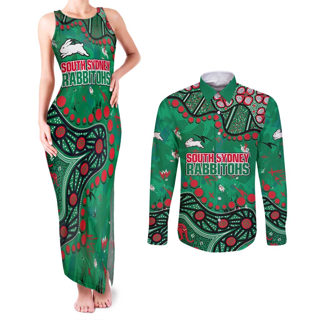 Personalized South Sydney Rabbitohs Couples Matching Tank Maxi Dress and Long Sleeve Button Shirt Aboriginal Pattern with Graffiti Style Design