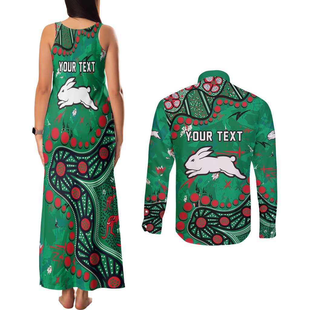 Personalized South Sydney Rabbitohs Couples Matching Tank Maxi Dress and Long Sleeve Button Shirt Aboriginal Pattern with Graffiti Style Design