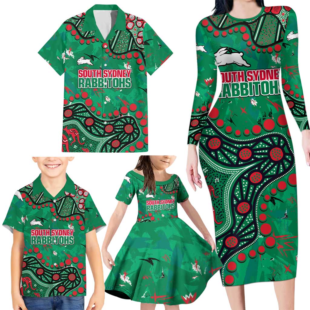 Personalized South Sydney Rabbitohs Family Matching Long Sleeve Bodycon Dress and Hawaiian Shirt Aboriginal Pattern with Graffiti Style Design