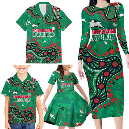 Personalized South Sydney Rabbitohs Family Matching Long Sleeve Bodycon Dress and Hawaiian Shirt Aboriginal Pattern with Graffiti Style Design