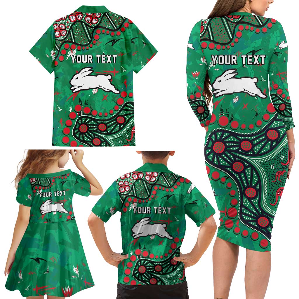 Personalized South Sydney Rabbitohs Family Matching Long Sleeve Bodycon Dress and Hawaiian Shirt Aboriginal Pattern with Graffiti Style Design