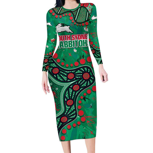 Personalized South Sydney Rabbitohs Family Matching Long Sleeve Bodycon Dress and Hawaiian Shirt Aboriginal Pattern with Graffiti Style Design