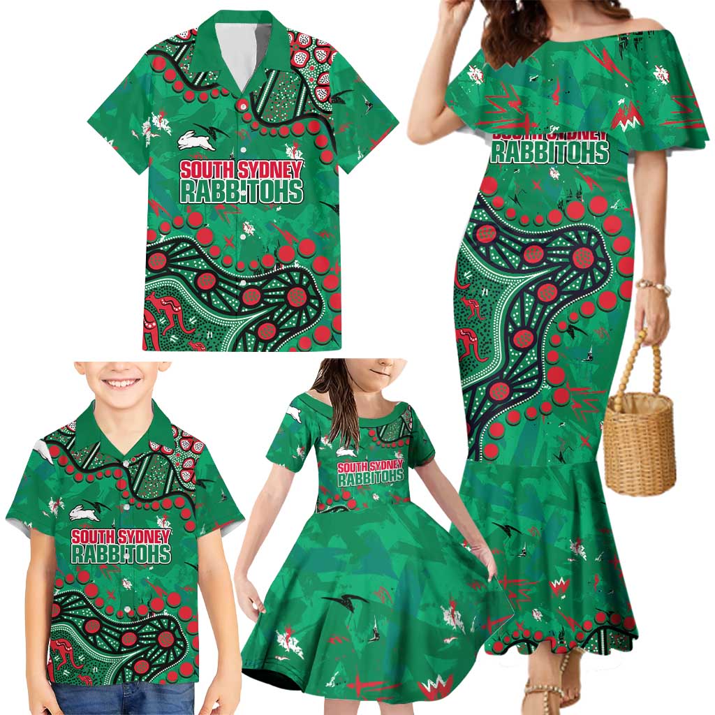 Personalized South Sydney Rabbitohs Family Matching Mermaid Dress and Hawaiian Shirt Aboriginal Pattern with Graffiti Style Design