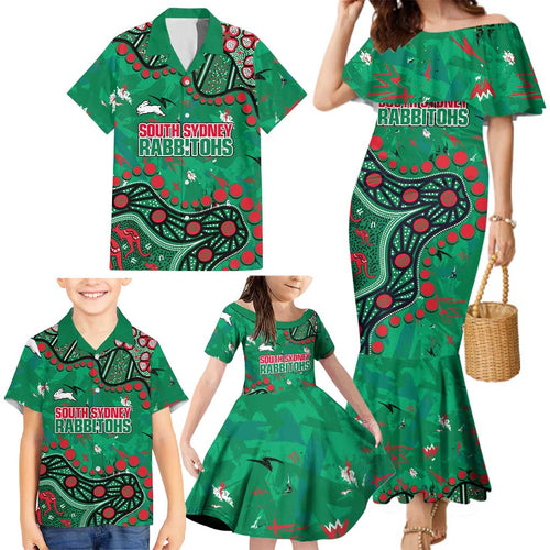 Personalized South Sydney Rabbitohs Family Matching Mermaid Dress and Hawaiian Shirt Aboriginal Pattern with Graffiti Style Design