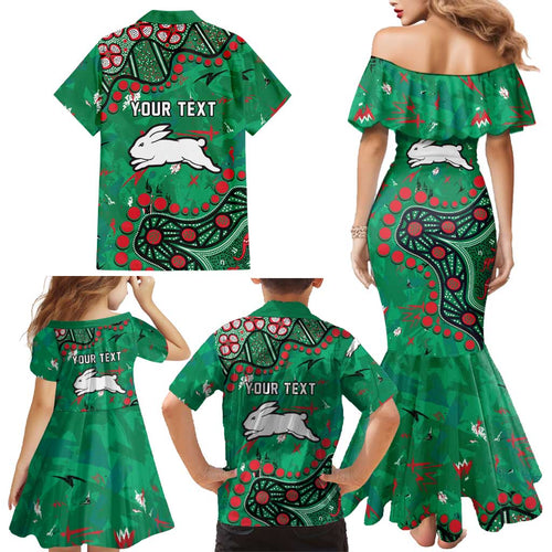 Personalized South Sydney Rabbitohs Family Matching Mermaid Dress and Hawaiian Shirt Aboriginal Pattern with Graffiti Style Design