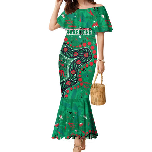 Personalized South Sydney Rabbitohs Family Matching Mermaid Dress and Hawaiian Shirt Aboriginal Pattern with Graffiti Style Design