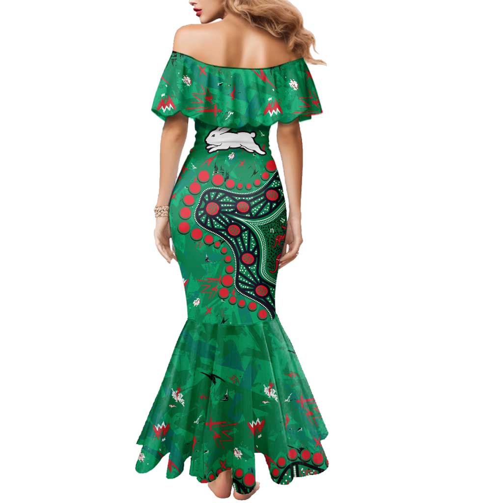 Personalized South Sydney Rabbitohs Family Matching Mermaid Dress and Hawaiian Shirt Aboriginal Pattern with Graffiti Style Design