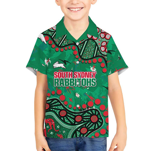 Personalized South Sydney Rabbitohs Family Matching Mermaid Dress and Hawaiian Shirt Aboriginal Pattern with Graffiti Style Design