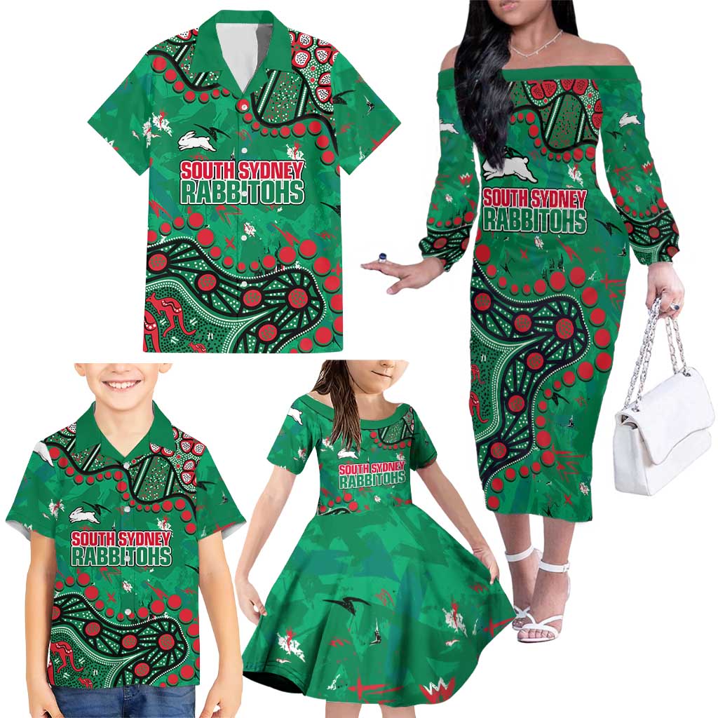 Personalized South Sydney Rabbitohs Family Matching Off The Shoulder Long Sleeve Dress and Hawaiian Shirt Aboriginal Pattern with Graffiti Style Design