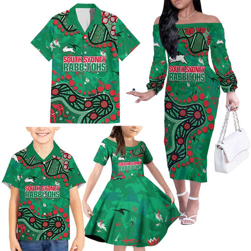 Personalized South Sydney Rabbitohs Family Matching Off The Shoulder Long Sleeve Dress and Hawaiian Shirt Aboriginal Pattern with Graffiti Style Design