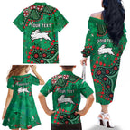 Personalized South Sydney Rabbitohs Family Matching Off The Shoulder Long Sleeve Dress and Hawaiian Shirt Aboriginal Pattern with Graffiti Style Design