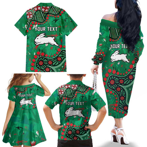 Personalized South Sydney Rabbitohs Family Matching Off The Shoulder Long Sleeve Dress and Hawaiian Shirt Aboriginal Pattern with Graffiti Style Design