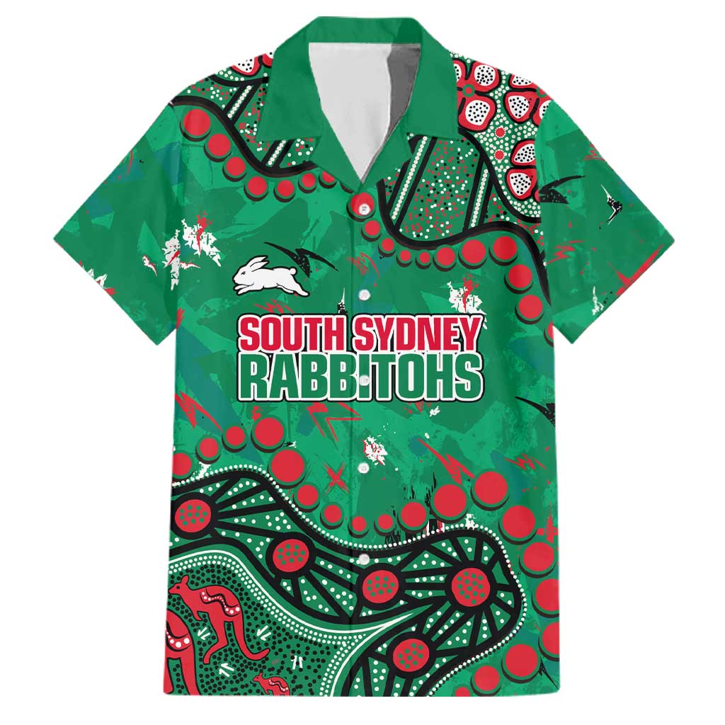 Personalized South Sydney Rabbitohs Family Matching Off The Shoulder Long Sleeve Dress and Hawaiian Shirt Aboriginal Pattern with Graffiti Style Design
