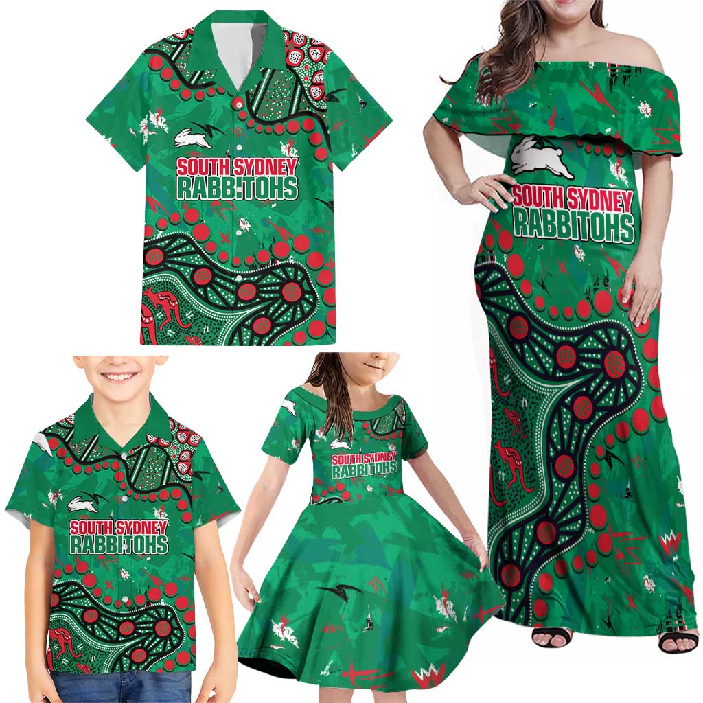 Personalized South Sydney Rabbitohs Family Matching Off Shoulder Maxi Dress and Hawaiian Shirt Aboriginal Pattern with Graffiti Style Design