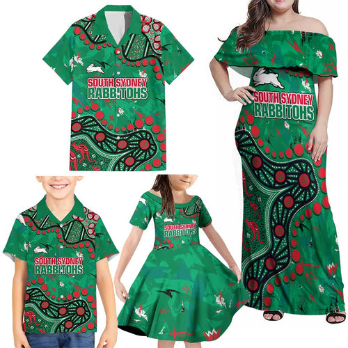 Personalized South Sydney Rabbitohs Family Matching Off Shoulder Maxi Dress and Hawaiian Shirt Aboriginal Pattern with Graffiti Style Design