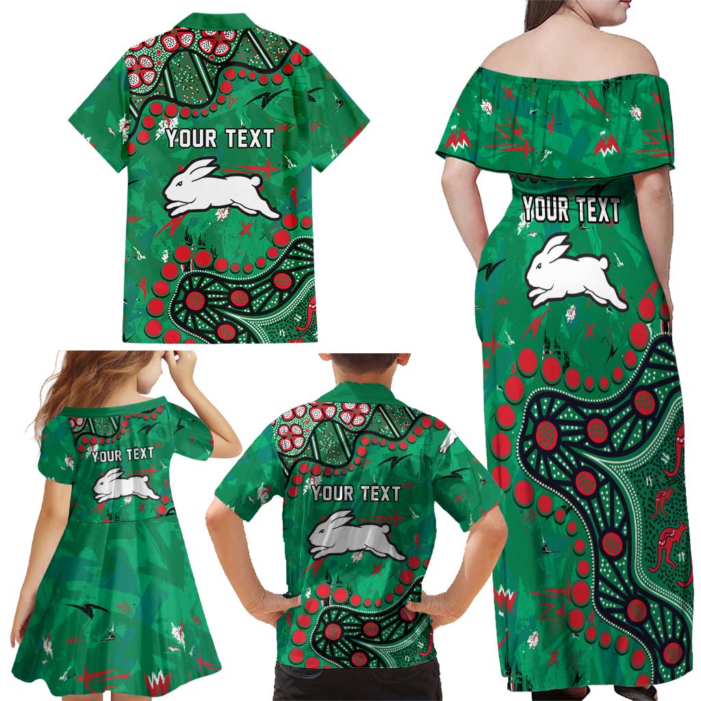 Personalized South Sydney Rabbitohs Family Matching Off Shoulder Maxi Dress and Hawaiian Shirt Aboriginal Pattern with Graffiti Style Design