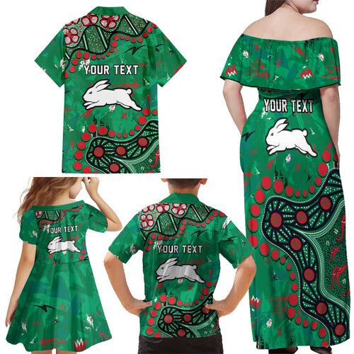 Personalized South Sydney Rabbitohs Family Matching Off Shoulder Maxi Dress and Hawaiian Shirt Aboriginal Pattern with Graffiti Style Design