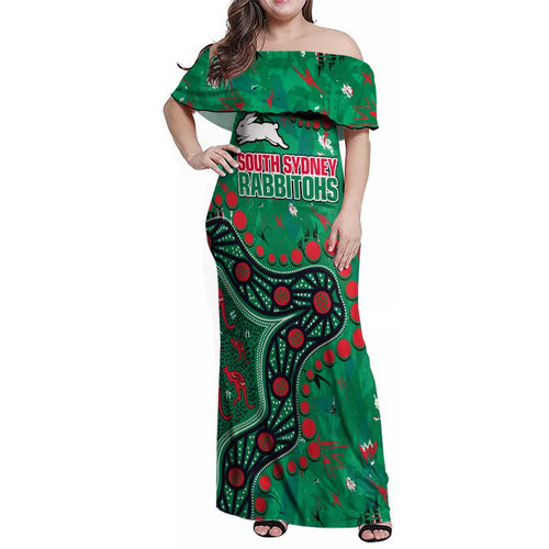 Personalized South Sydney Rabbitohs Family Matching Off Shoulder Maxi Dress and Hawaiian Shirt Aboriginal Pattern with Graffiti Style Design