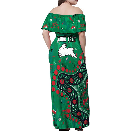 Personalized South Sydney Rabbitohs Family Matching Off Shoulder Maxi Dress and Hawaiian Shirt Aboriginal Pattern with Graffiti Style Design