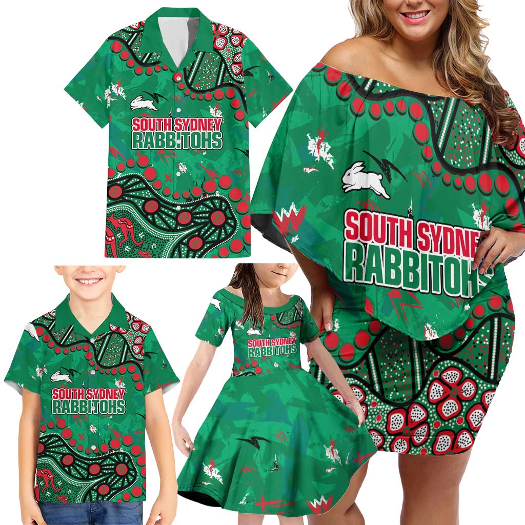 Personalized South Sydney Rabbitohs Family Matching Off Shoulder Short Dress and Hawaiian Shirt Aboriginal Pattern with Graffiti Style Design