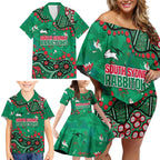 Personalized South Sydney Rabbitohs Family Matching Off Shoulder Short Dress and Hawaiian Shirt Aboriginal Pattern with Graffiti Style Design